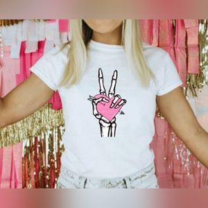 Pink Heart Skeleton White Unisex Tshirt 